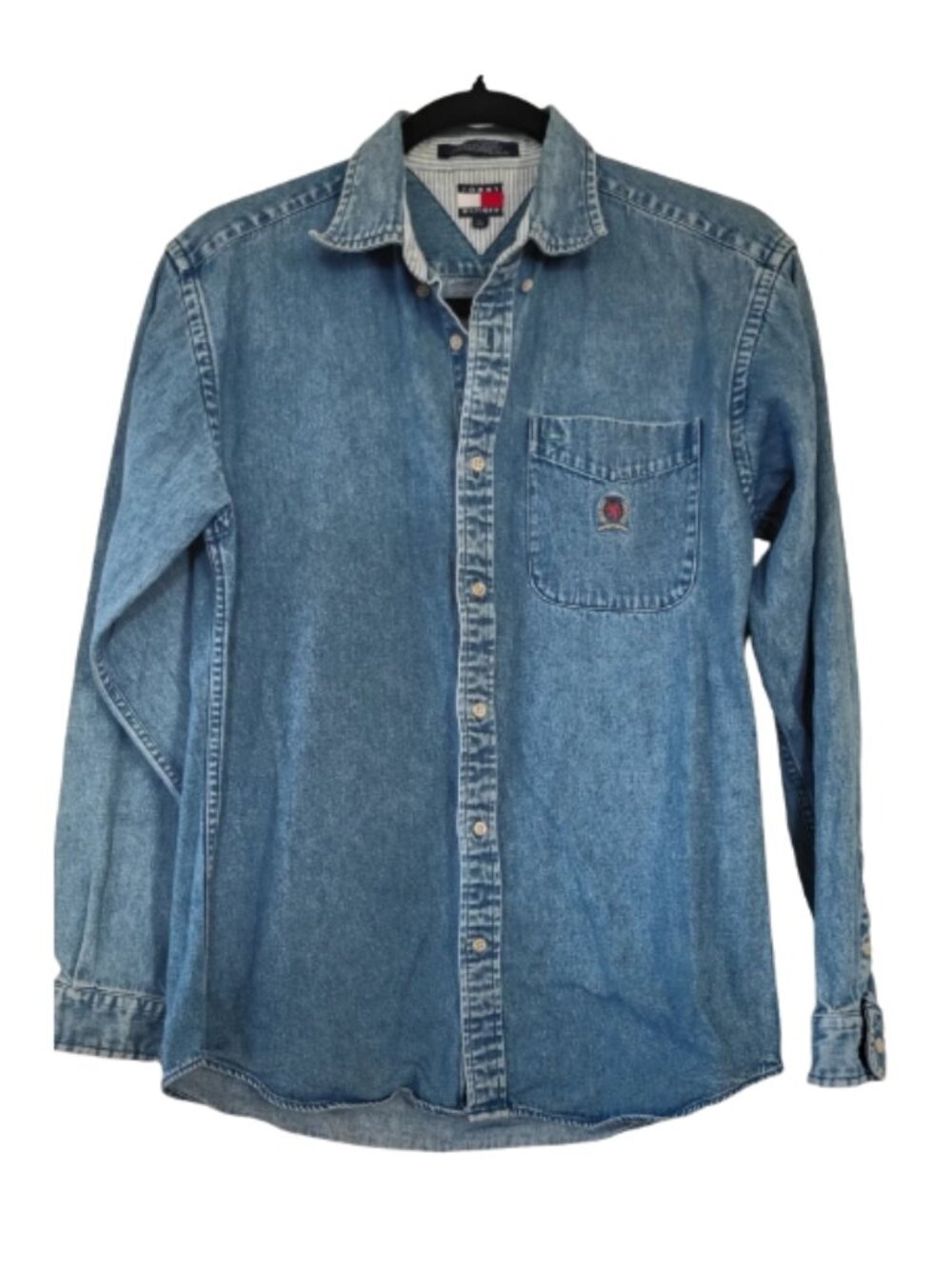 Vintage 90s Tommy Hilfiger Embroidered Crest Denim Shirt - Picture 1 of 4